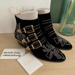 New Chloe Susanna Velvet Boots 36 Black Gold $1410